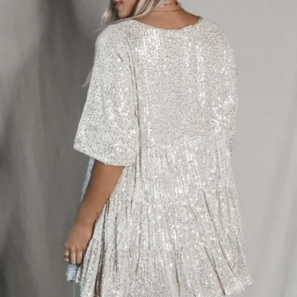 Amazing Lace My Queen Sequin Babydoll Dress in Champagne - Picture 3 of 8